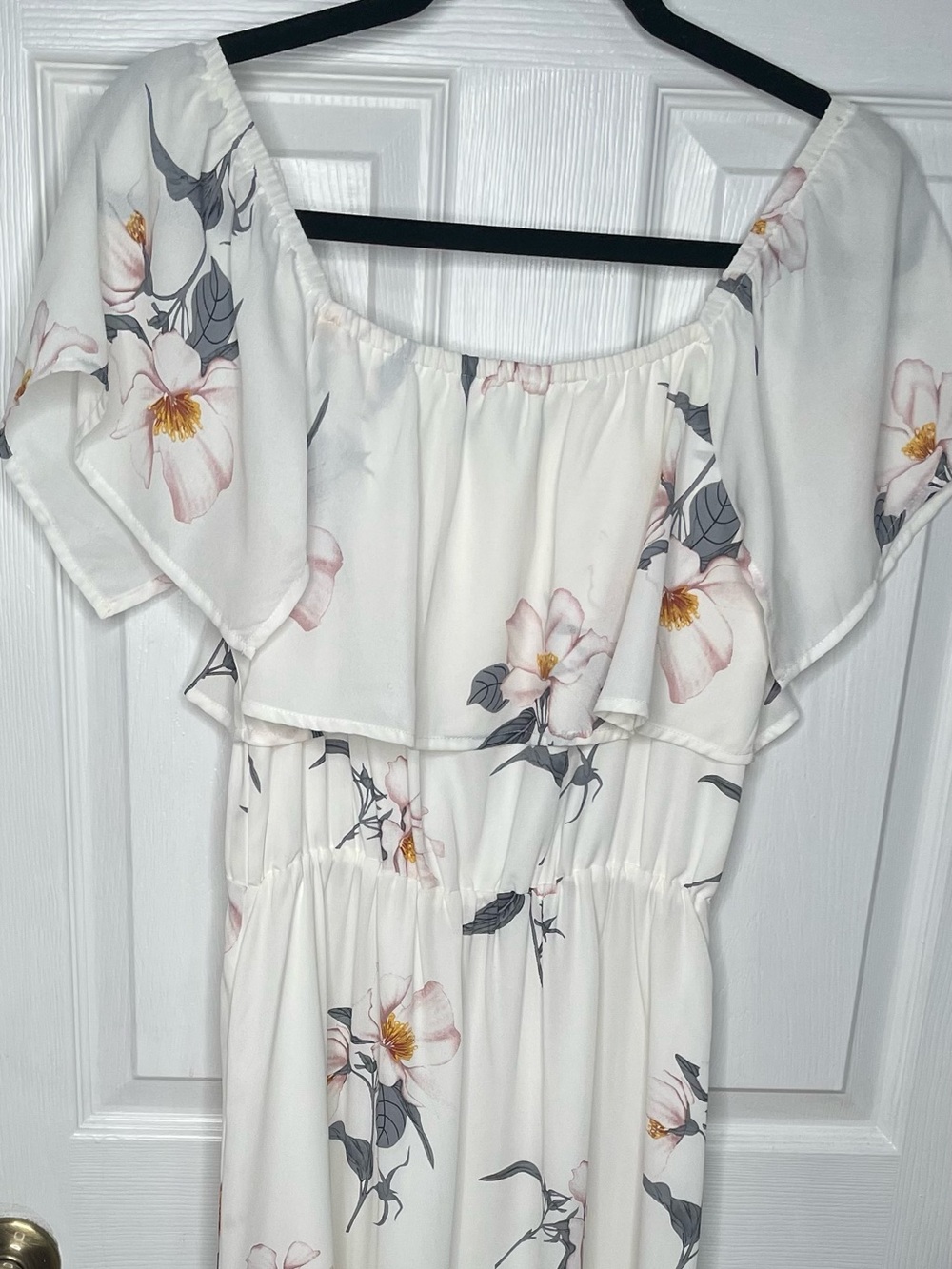 White Floral Off-Shoulder Maxi Dress - Pink & Gray Blossoms